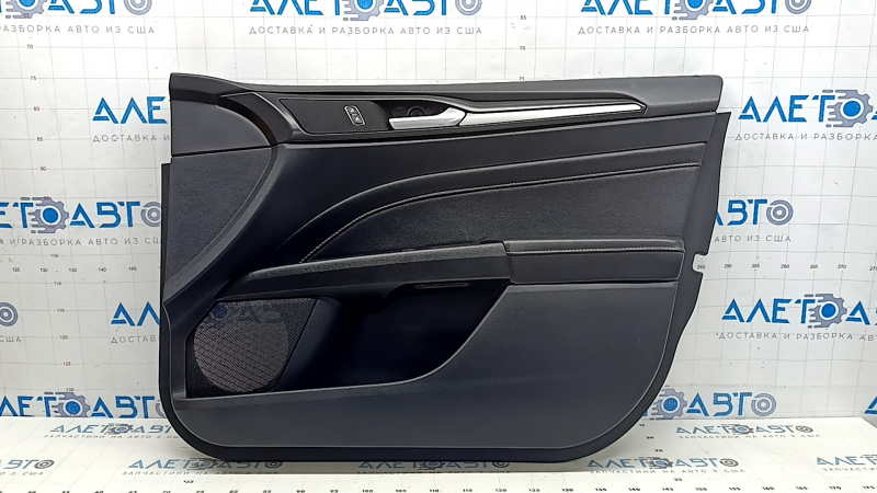 Ornament ușă, placă dreapta față, Ford Fusion mk5 17-20, negru cu inserție din piele neagră, bandaj gri, cotieră din piele, titan, cu mâner și buton de blocare, zgârieturi
