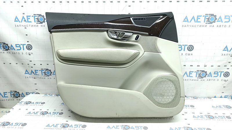 Ornamente ușă, placă stânga față, Volvo XC90 16-20, gri, inserție din piele gri, cotieră din piele gri, cu mâner, inserție din lemn cu ornament cromat, cu butoane pentru controlul închiderii centrale și al memoriei scaunului, curățabil chimic