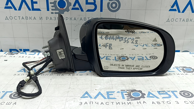 Зеркало боковое правое в сборе Jeep Compass 17-22 5+4 пинов, BSM, поворотник, подогрев, с хром молдингом, черное, скол на хроме, царапина