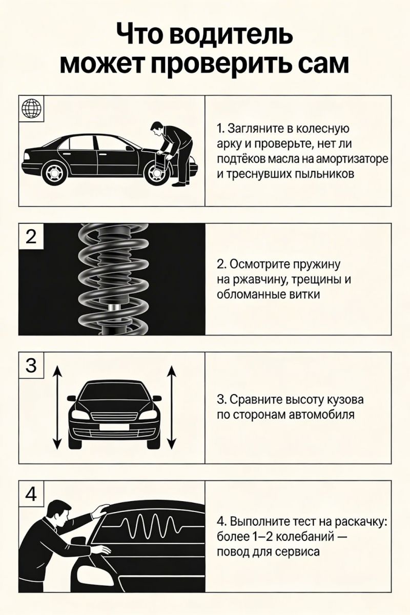 Пошаговая инфографика для водителя: четыре простых действия по самостоятельной проверке подвески — осмотр амортизатора в колесной арке, проверка пружины, сравнение высоты кузова и тест на раскачку