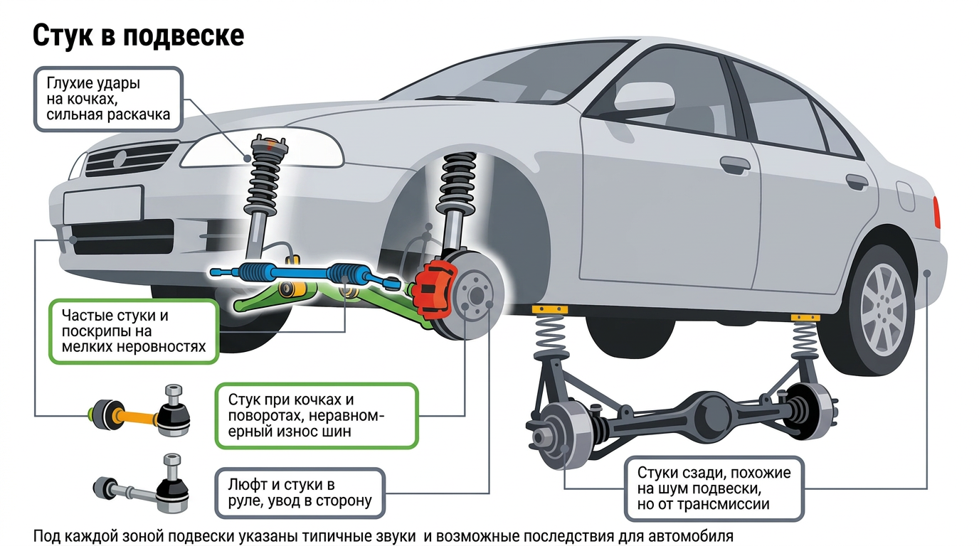 инфографика подвески автомобиля сбоку с выделенными стойкой и амортизатором, сайлентблоками, втулками стабилизатора, шаровыми опорами, рулевыми тягами и задней балкой