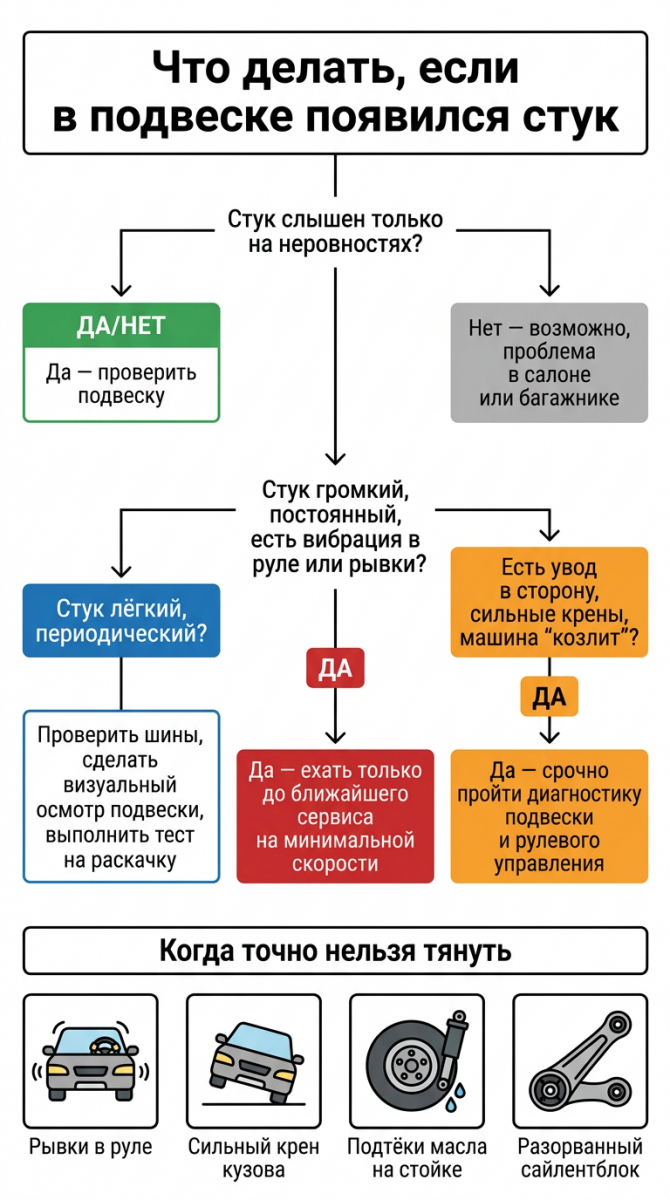 Схема-алгоритм диагностики стука в подвеске: вопросы о громкости, периодичности, вибрациях и кренах, а также рекомендации по обращению в сервис