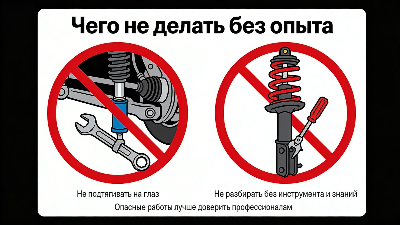 Иллюстрация, предупреждающая автовладельцев не выполнять сложные работы с подвеской самостоятельно без нужных знаний и инструмента