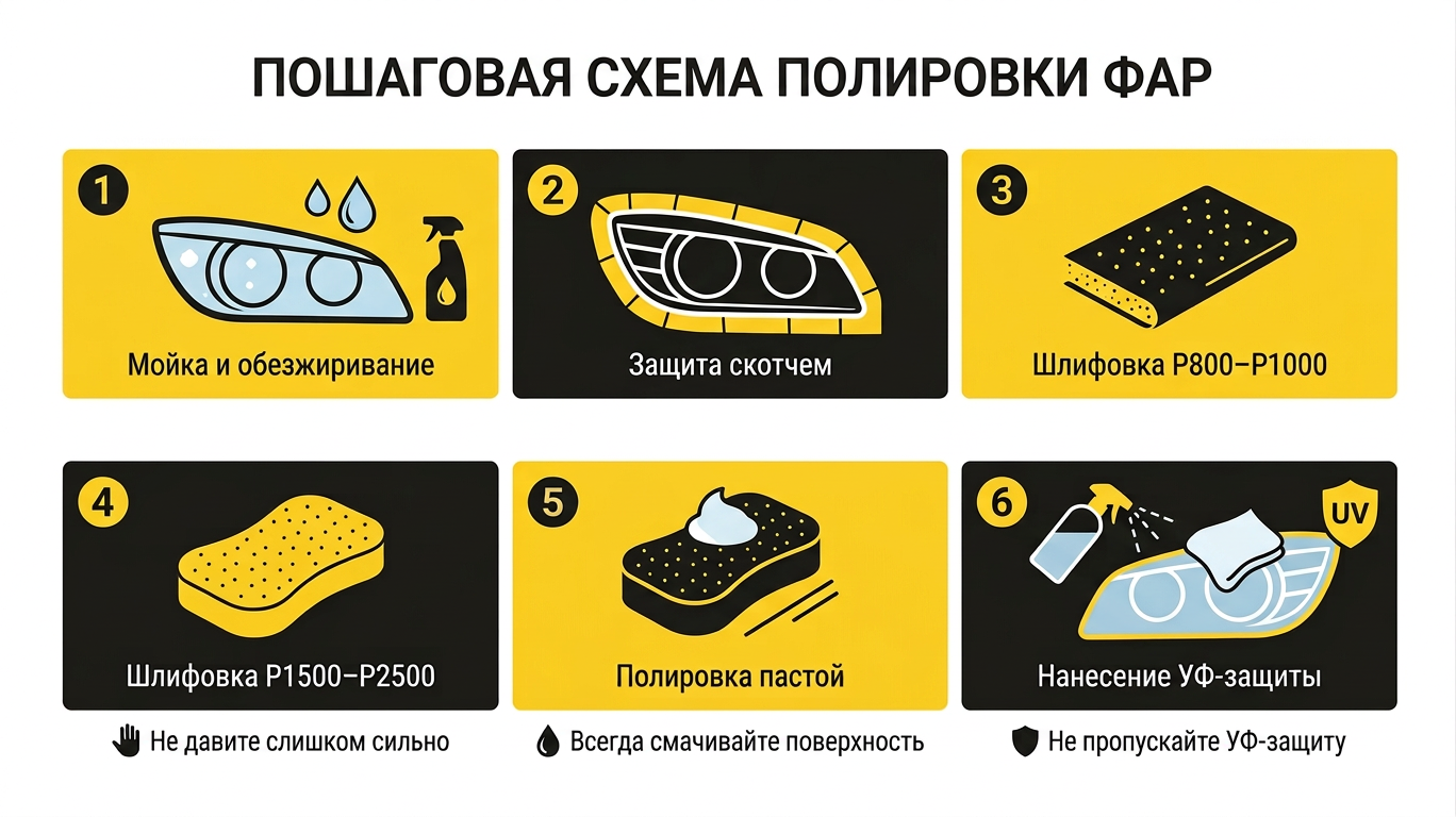 Пошаговая схема полировки фар автомобиля с шестью этапами и подсказками