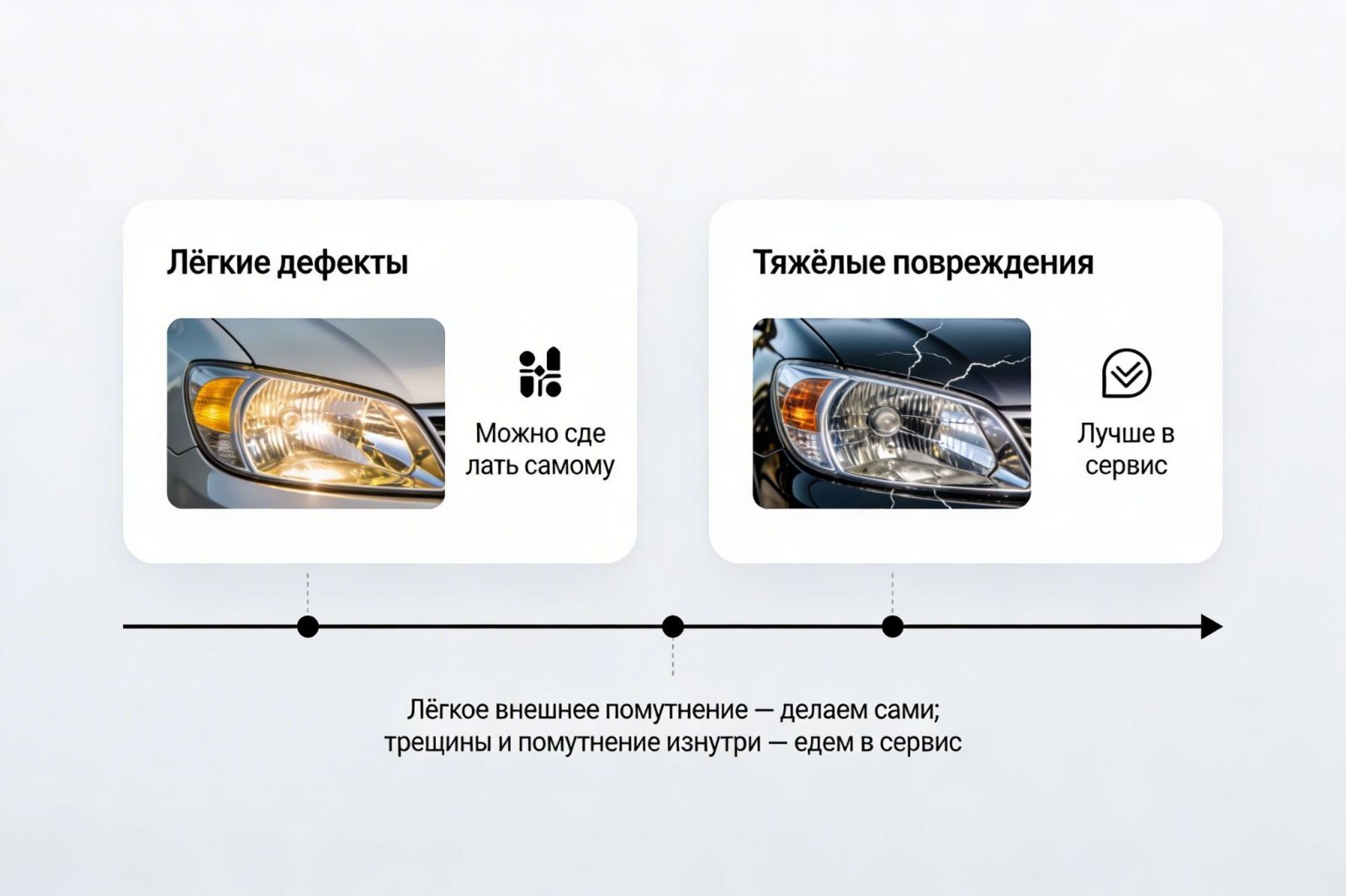 Иллюстрация с примерами лёгких и серьёзных повреждений автомобильных фар