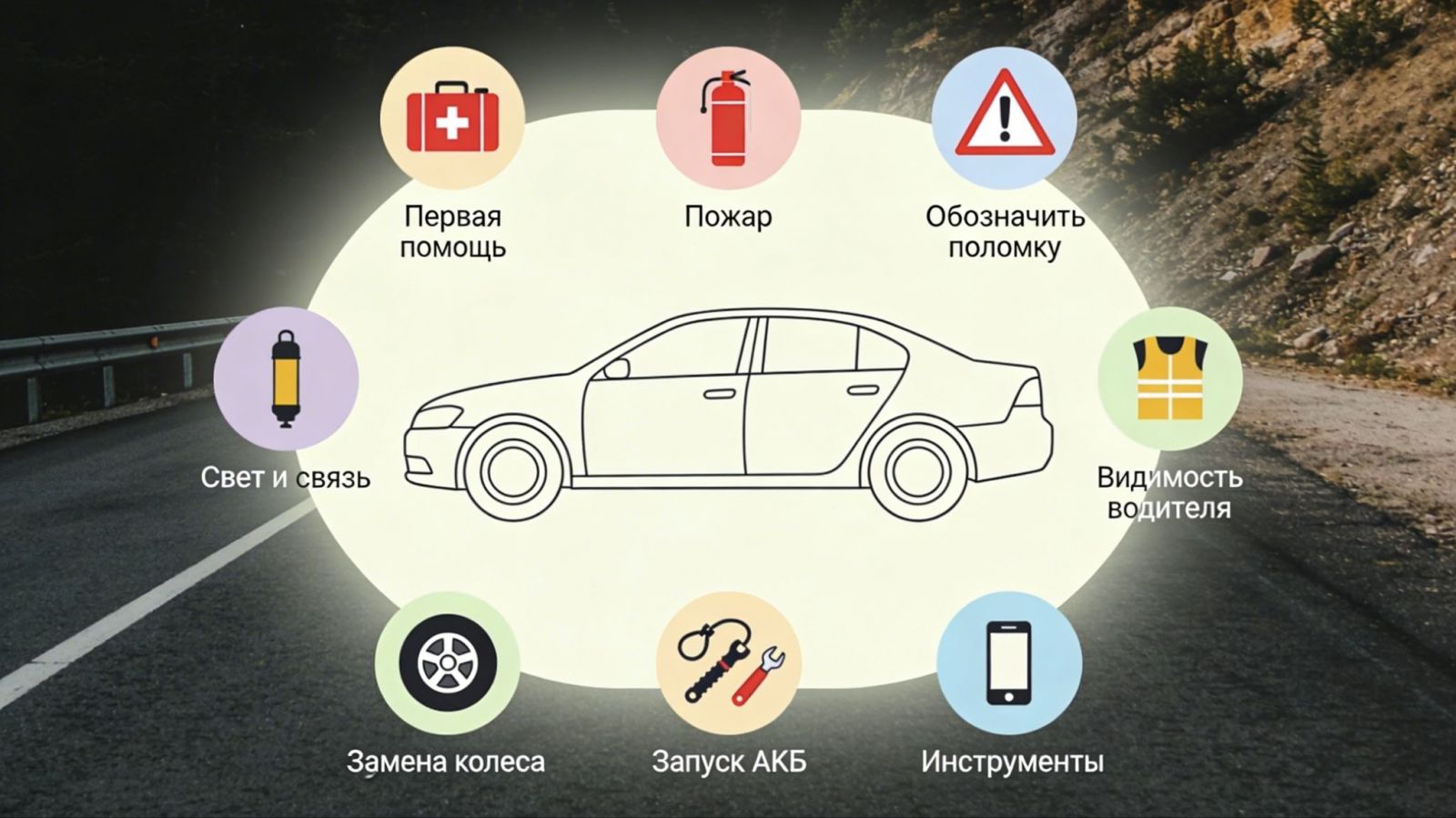 Наглядное изображение набора из 10 предметов, которые нужно возить в машине