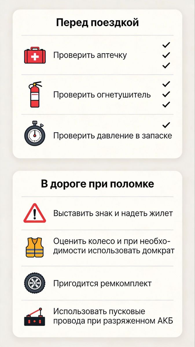 Иллюстрация‑подсказка для автовладельца: базовые проверки и шаги при поломке