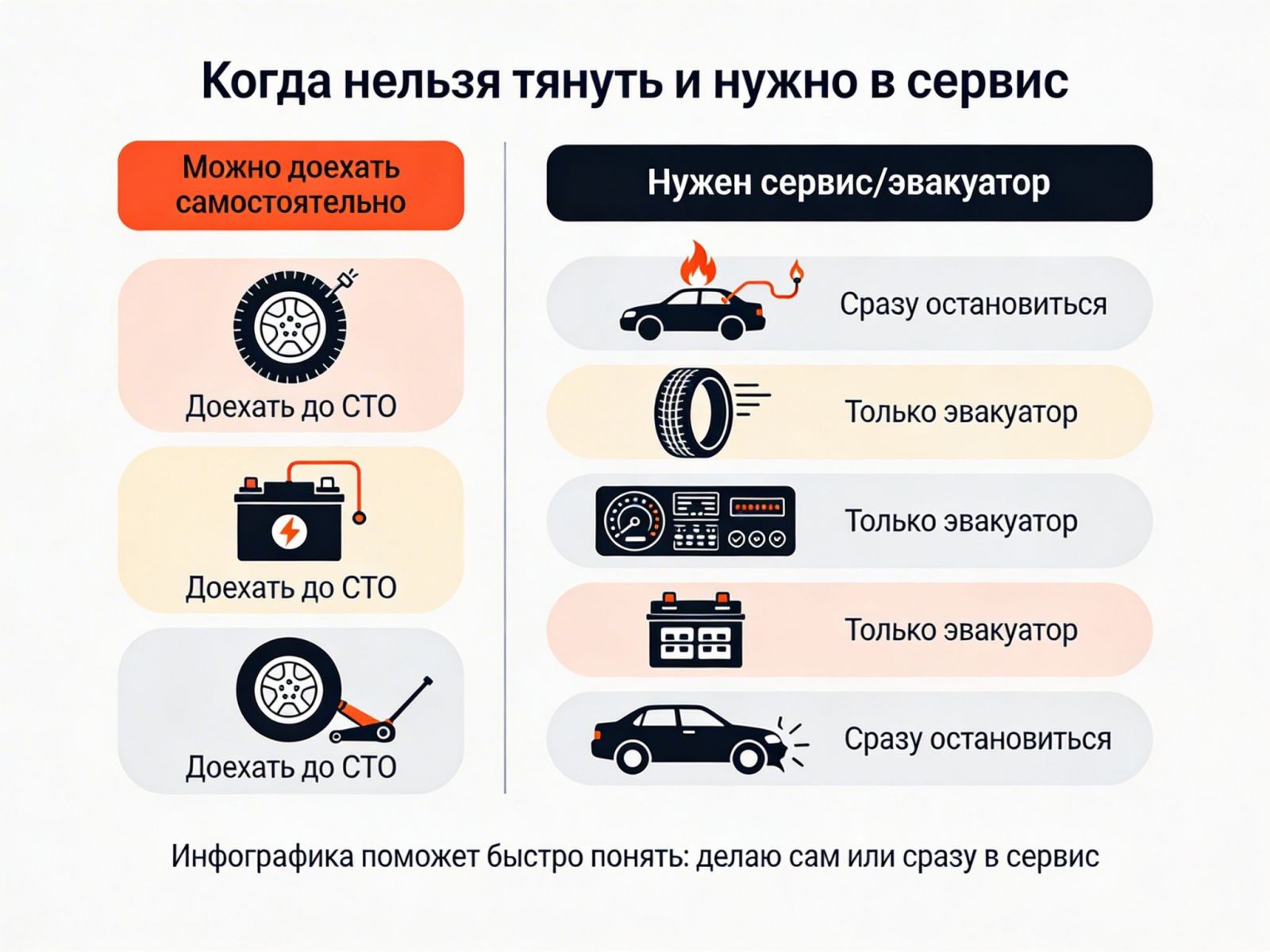Памятка с иконками: доехать до СТО самому или вызывать эвакуатор немедленно