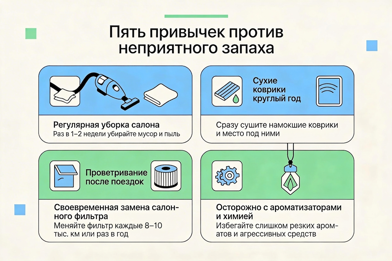 Чек-лист из пяти привычек, помогающих избежать неприятного запаха в салоне