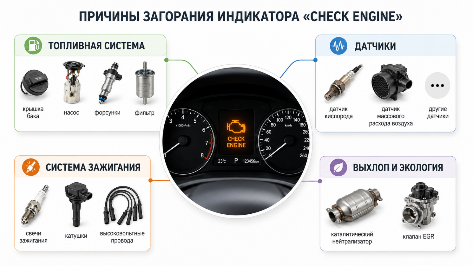 Check Engine чаще связан не с «смертью мотора», а с узлами вокруг него, какие зоны стоит проверять в первую очередь?