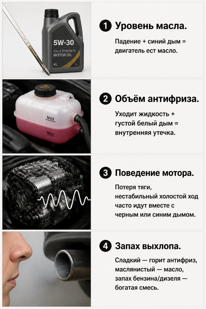 Визуальный чек-лист четырёх параметров, которые нужно оценивать вместе с цветом выхлопа: уровень масла, уровень антифриза, поведение двигателя, запах выхлопа