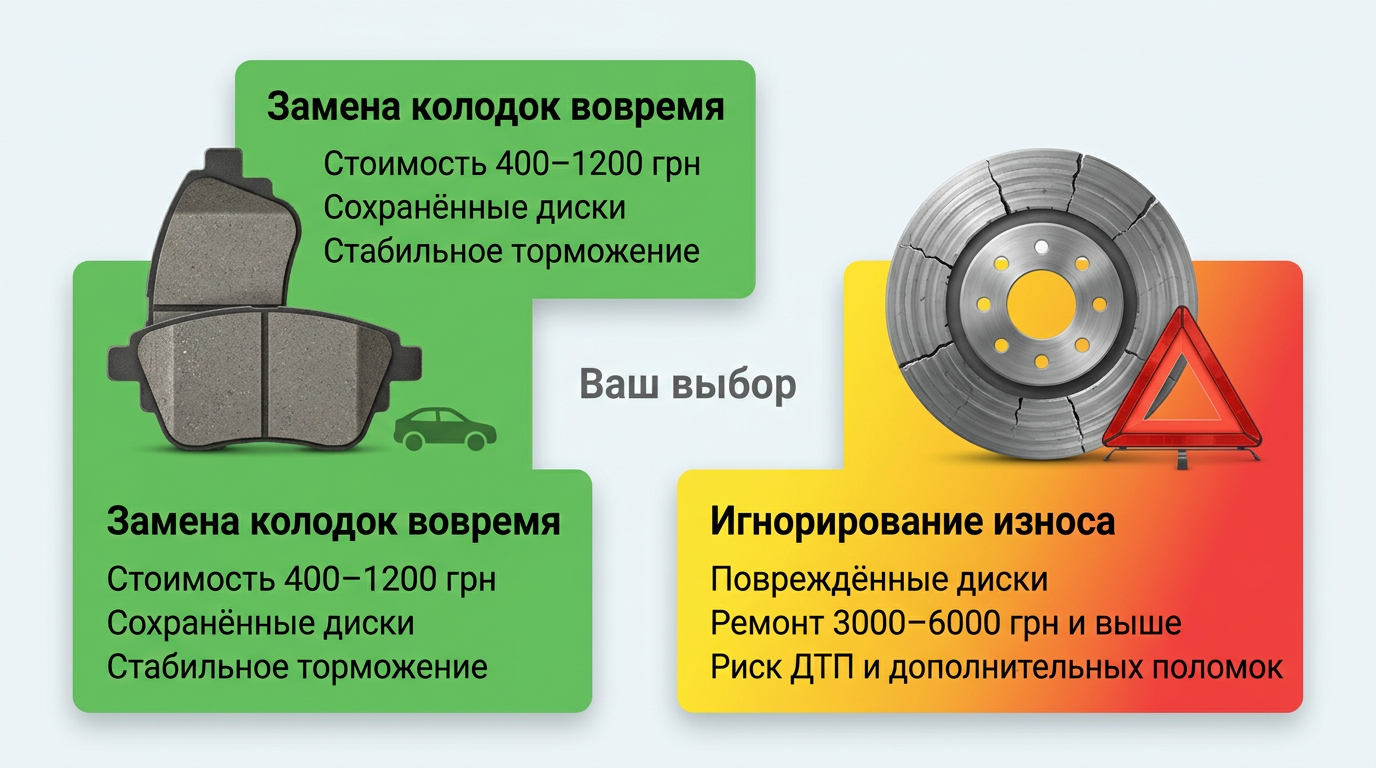 Графика показывает дешёвую плановую замену колодок и дорогие последствия их износа.