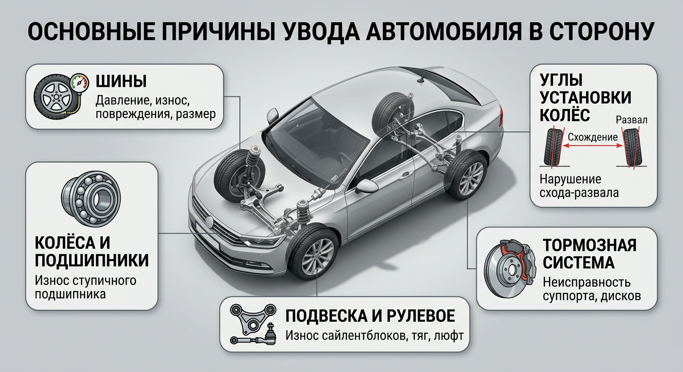Основные причины увода автомобиля в сторону: шины, развал, тормоза, подвеска, подшипники