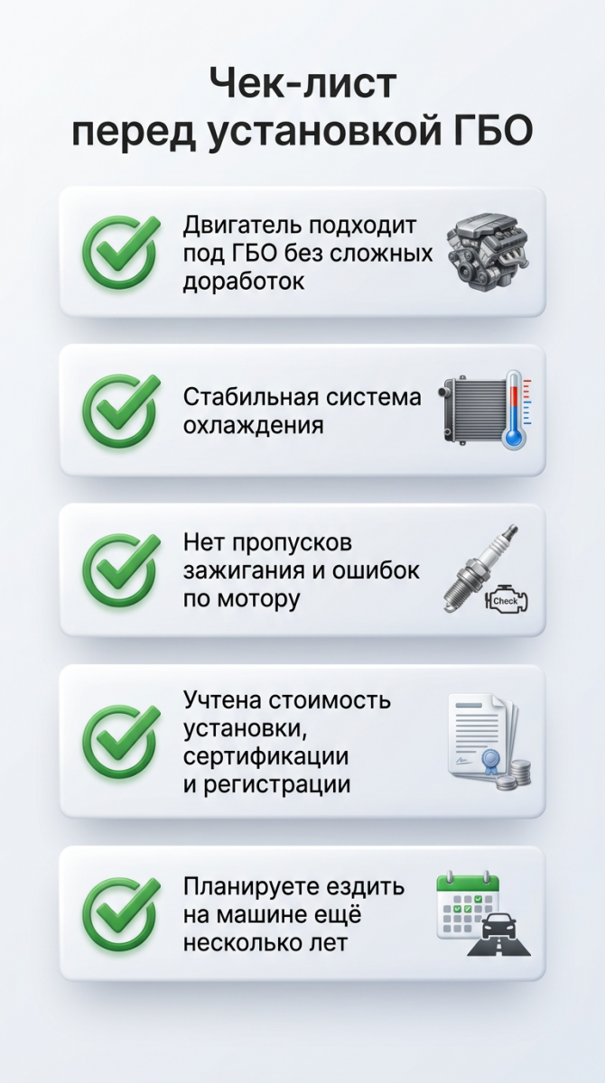 Список шагов для проверки автомобиля перед переводом на газ, включая техническое состояние и бюджет