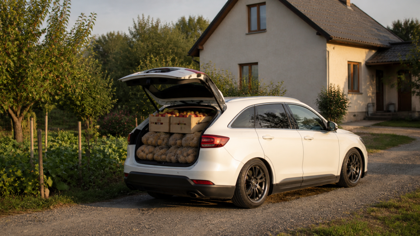 Современный кроссовер с перегруженным багажником овощами и фруктами, колёса глубоко утоплены в арках, уменьшенный дорожный просвет