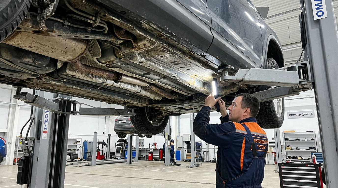 Осмотр днища автомобиля с налётом соли и песка на порогах и подвеске после отдыха у моря, механик проверяет состояние металла