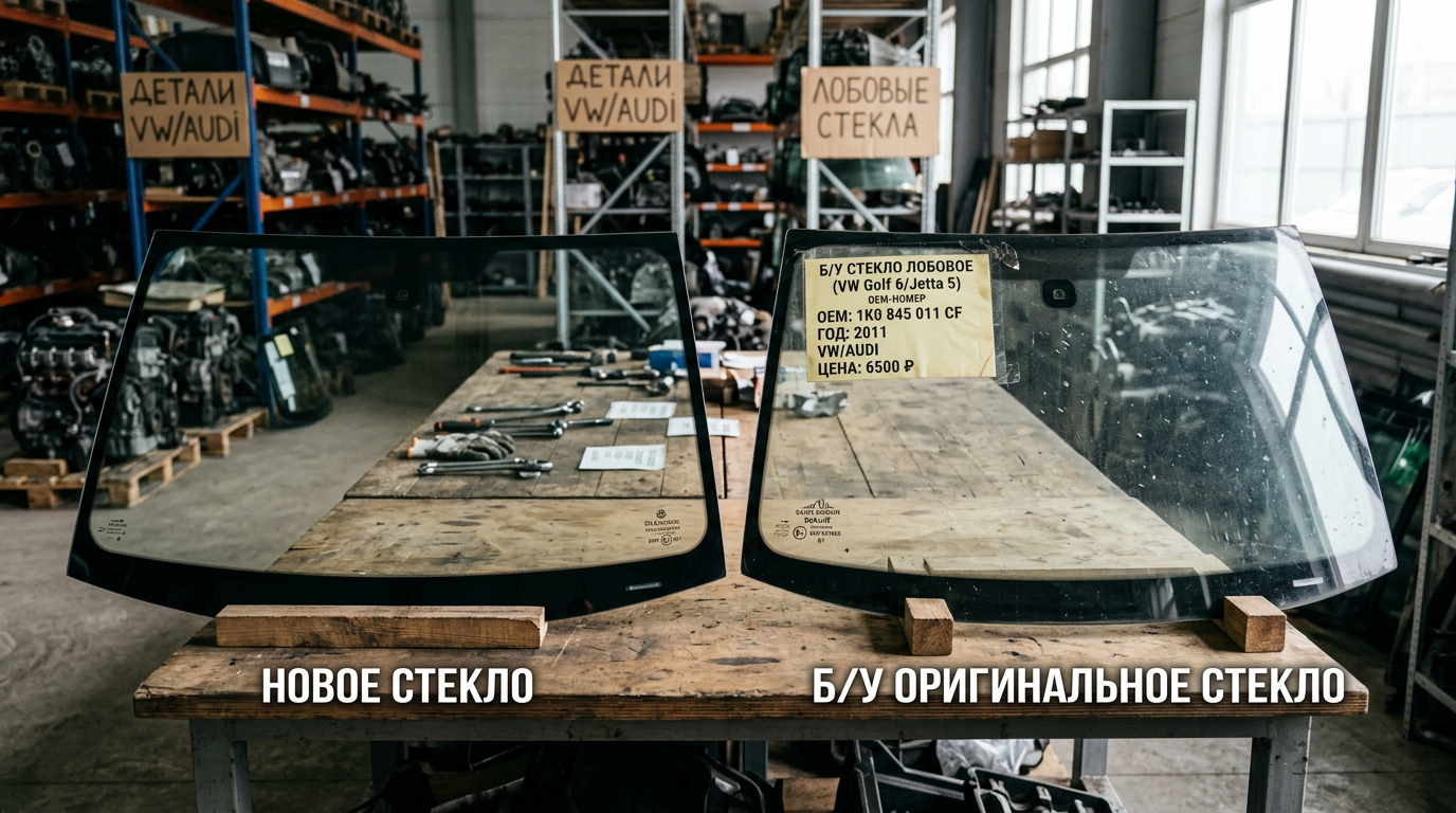 Новое лобовое стекло без повреждений и оригинальное Б/У стекло с OEM-наклейкой на столе в помещении авторазборки.