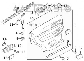 Обшивка двери карточка задняя правая Ford Explorer 16-19 рест, беж, ткань вставка, подлокотник кожа, под чистку, царапины, побелел пластик
