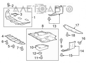Apărătoarea barei de protecție față a unui Toyota Prius 50 16-18 este uzată, ruptă și îndoită.