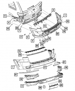 Bara spate nefinisată Jeep Grand Cherokee WK2 17-21, partea superioară, pentru senzori de parcare