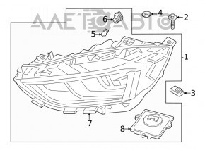 Фара передняя правая в сборе Ford Edge 19-24 BI-LED тип 2, желтый поворотник