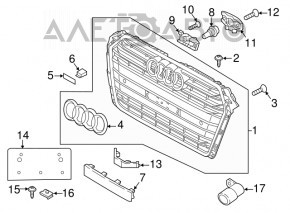 Решетка радиатора в сборе Audi A4 B9 17 с эмблемой, под парктроники, песок, светлый хром, сколы, незаводские отверстия