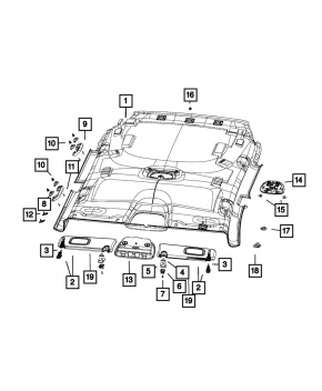 Козырек левый Jeep Cherokee KL 19-19 серый, без крючка, с подсветкой, HOMELINK, под химчистку