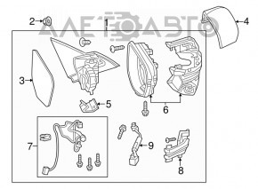 Зеркало боковое левое в сборе Honda Civic X FC 16-17 3 пина, со слепой зоной
