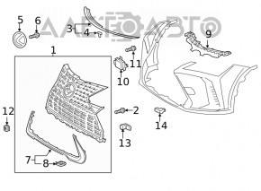 Grilă radiator Lexus UX200 UX250h 19-26 pentru senzori de parcare F-SPORT, crom închis, crăpături, elemente de fixare rupte, găuri care nu provin din fabrică