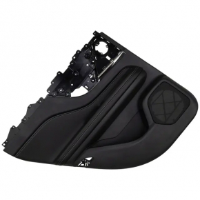 Panou ușă spate stânga negru pentru Lincoln Corsair 20-26, difuzoare premium incluse, cotieră din piele neagră cu cusături gri, mâner și ornament cromat, ornamente negre, zgârieturi