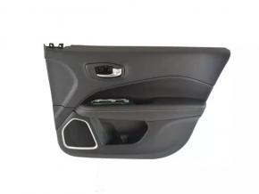 Ornamente ușă față dreapta Jeep Compass 17-21 negru, cu inserție neagră din piele, cotiera din piele neagră cu cusături maro și albe, cu mâner, zgârieturi