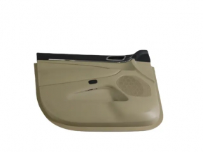 Ornamente ușă față stânga Jeep Grand Cherokee WK2 19-22 bej, cu inserții din piele bej și neagră, cotiera din piele bej, ornament din lemn închis, cu mâner, zgârietură, uzată, pentru curățat