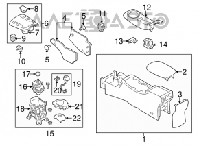 Consola centrală cu cotieră pentru Nissan Leaf 13-17, material textil negru, zgârieturi, ușor deteriorată.