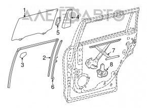 Geamul ușii din spate stânga a unui Toyota Highlander 14-19, cu tonifiere de fabrică, zgârieturi.