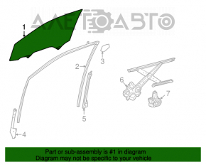 Geamul ușii din față dreapta a unui Toyota Highlander 14-19 are zgârieturi.