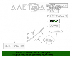 Emblema cu inscripția SV de pe ușa portbagajului Nissan Rogue 14-20