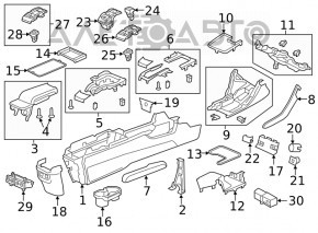 Consola centrală cu cotieră și suporturi pentru pahare pentru Honda Civic X FC 16-21, tapițerie neagră, cu spațiu pentru produse de curățat, rezistent la zgârieturi.