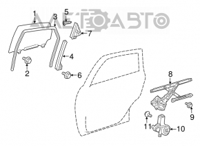 Geamul ușii din spate dreapta a unui Toyota Prius V 12-17 are zgârieturi.