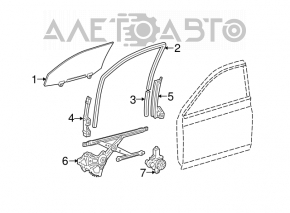 Geamul ușii din față stânga a unui Toyota Avalon 05-12 are zgârieturi pe partea interioară.