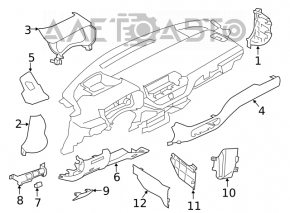 Capacul genunchiului șoferului Nissan Altima 19- negru, prindere ruptă, fără capac, zgârieturi, uzură.