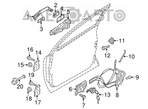 Buclele ușii din față dreapta inferioară Nissan Versa 12-19 SUA.