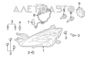 Фара передняя левая галоген Mazda6 09-13 голая usa