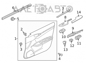 Capacul ușii, cartela frontală stânga Honda Civic X FC 16-21 4d, material textil negru cu inserție bej din plastic, zgârieturi, necesită curățare chimică, lovituri.