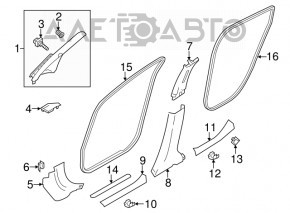 Capacul stâlpului frontal stânga Nissan Leaf 13-17 gri sub claxon, zgârietură, fisură.