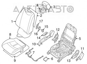 Scaun de pasager Nissan Leaf 13-17 fără airbag, manual, material textil negru, fără suport pentru cap, pentru curățare.