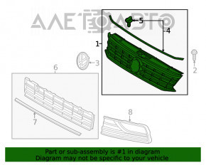 Grila radiatorului cu emblema VW Passat b8 16-19 SUA nisip, fisura in fixare, plastic topit, zgarietura