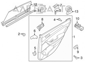 Panoul ușii spate stânga Hyundai Sonata 15-19, negru cu inserție gri din plastic, cotier din piele, model de matriță argintie, zgârieturi.