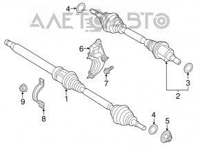 Axul cu came frontal dreapta Ford Fusion mk5 13-20 FWD, cu transmisie scurtă internă, este rupt în exteriorul manșonului de praf.