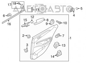 Capacul ușii spate stânga Hyundai Sonata 11-15, negru cu inserție argintie din piele, cotier din piele, textură neagră, zgârieturi, lovituri.