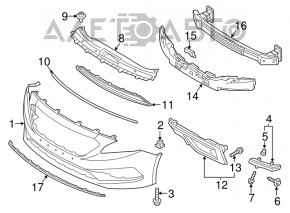 Grila inferioară a bara față Hyundai Sonata 15-17 SE, ruptă, zdrobită.